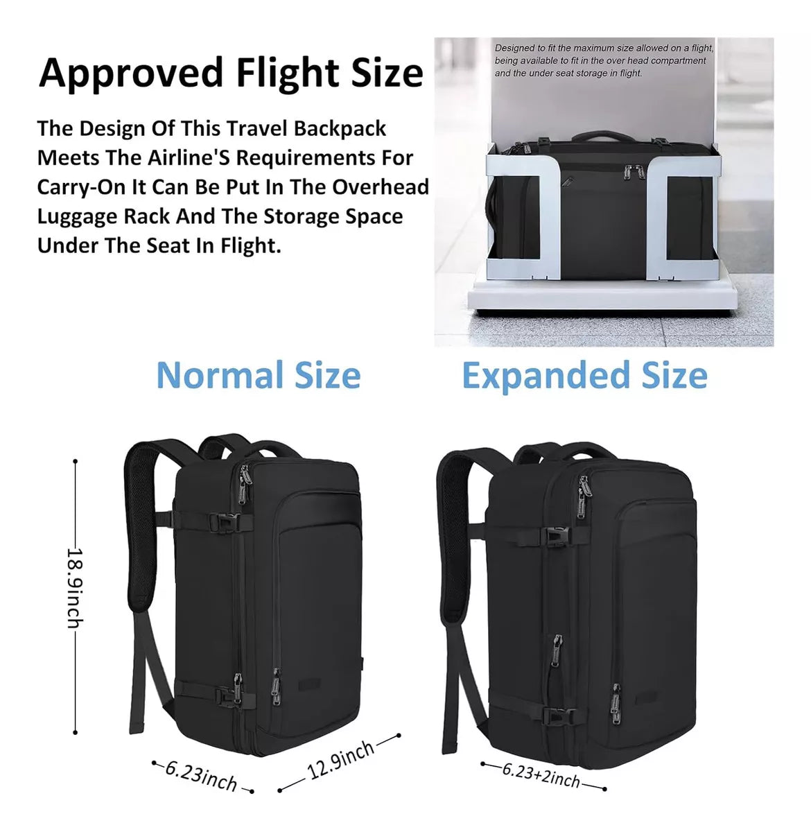 Mochila De Viaje Vancropak 1215 Impermeable Para Hombre Y Mujer Maleta Expandible Antirrobo De 40 L Equipaje De Mano De Objeto Personal Aprobado Por Negro Lisa